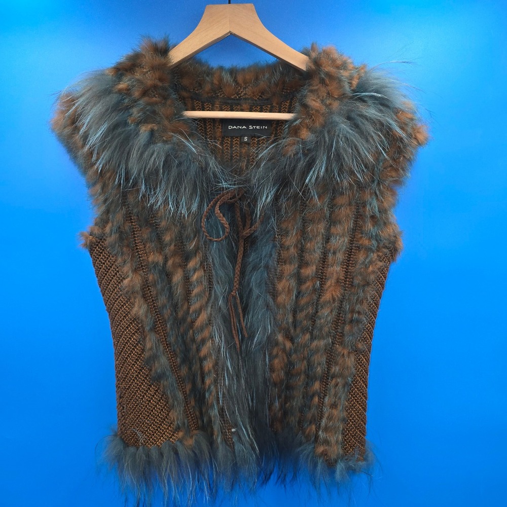 Dana Stein Womens Rabbit‎ and Raccoon Fur Trim Knit Vest Brown Blue S 1101